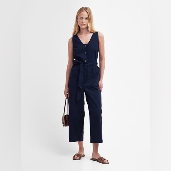 Barbour Dark Blue Penrose Button-Down Cotton/Linen Belted Jumpsuit NWT - Picture 7 of 12